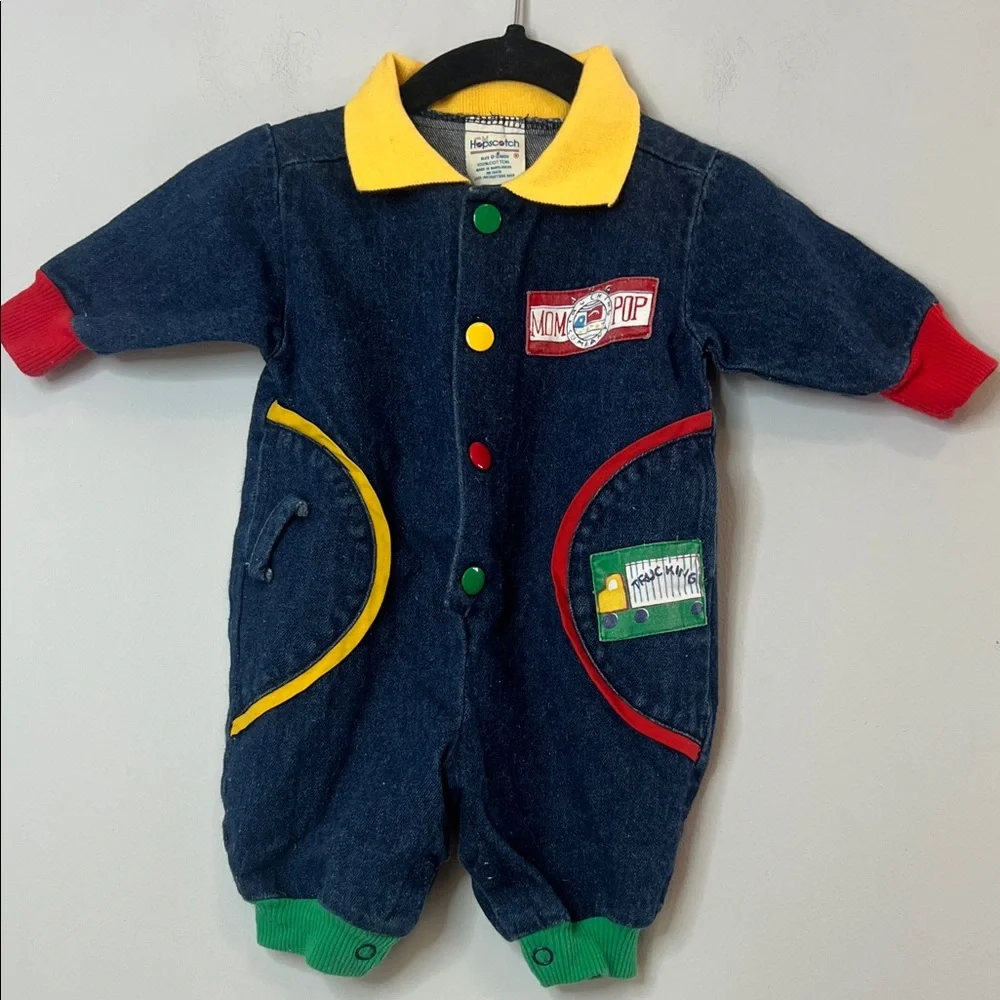 Vintage 1980'2 1990's Kids Blue‎ Denim Jumpsuit Yellow Red Green Baby 0-3 Months